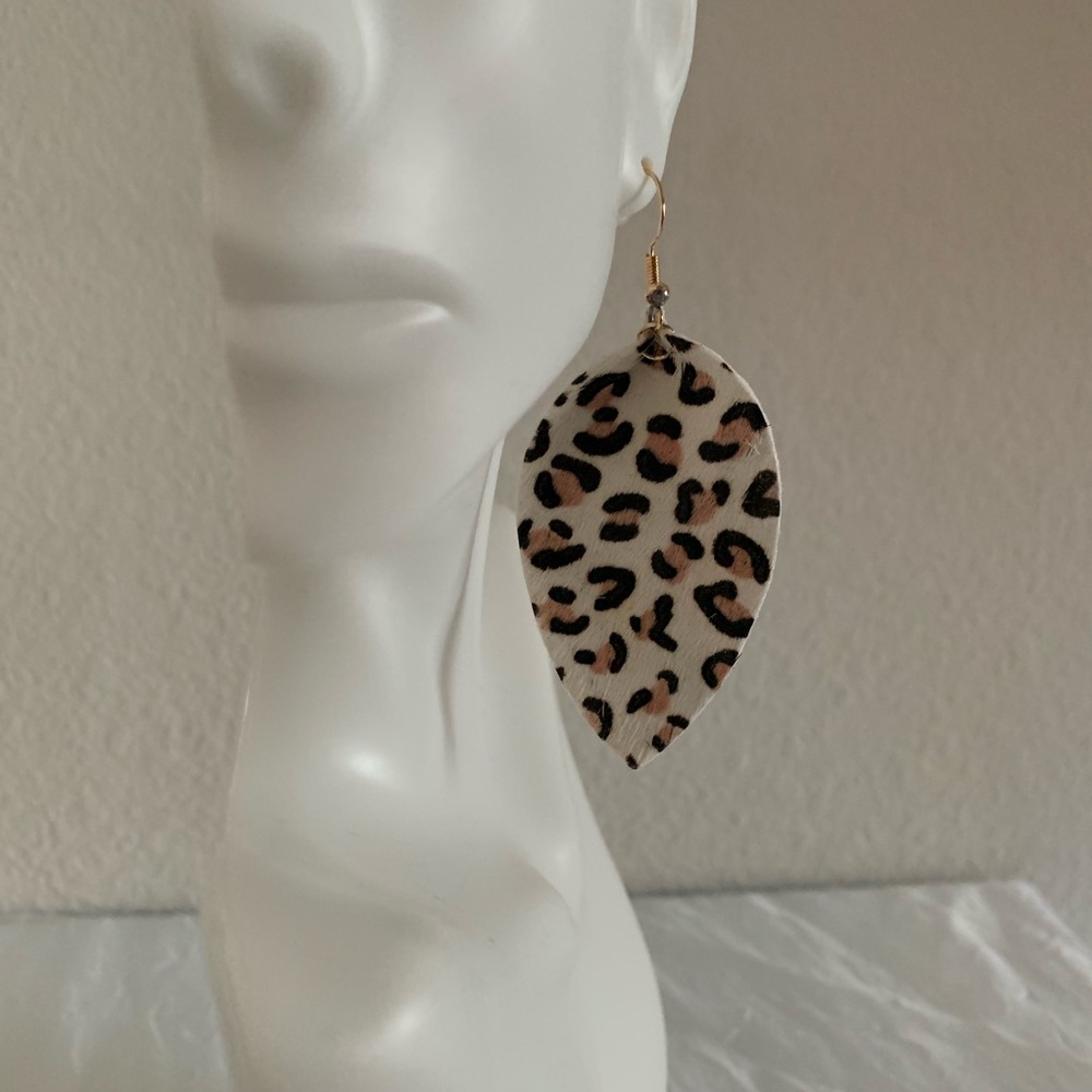 White Animal Print Leather Drop Earrings - Picture 3 of 7